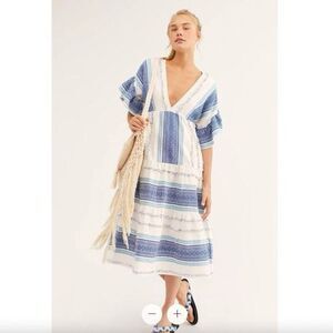 SAYLOR X REVOLVE women’s white & blue BOHO ruffle sleeve midi dress sz small